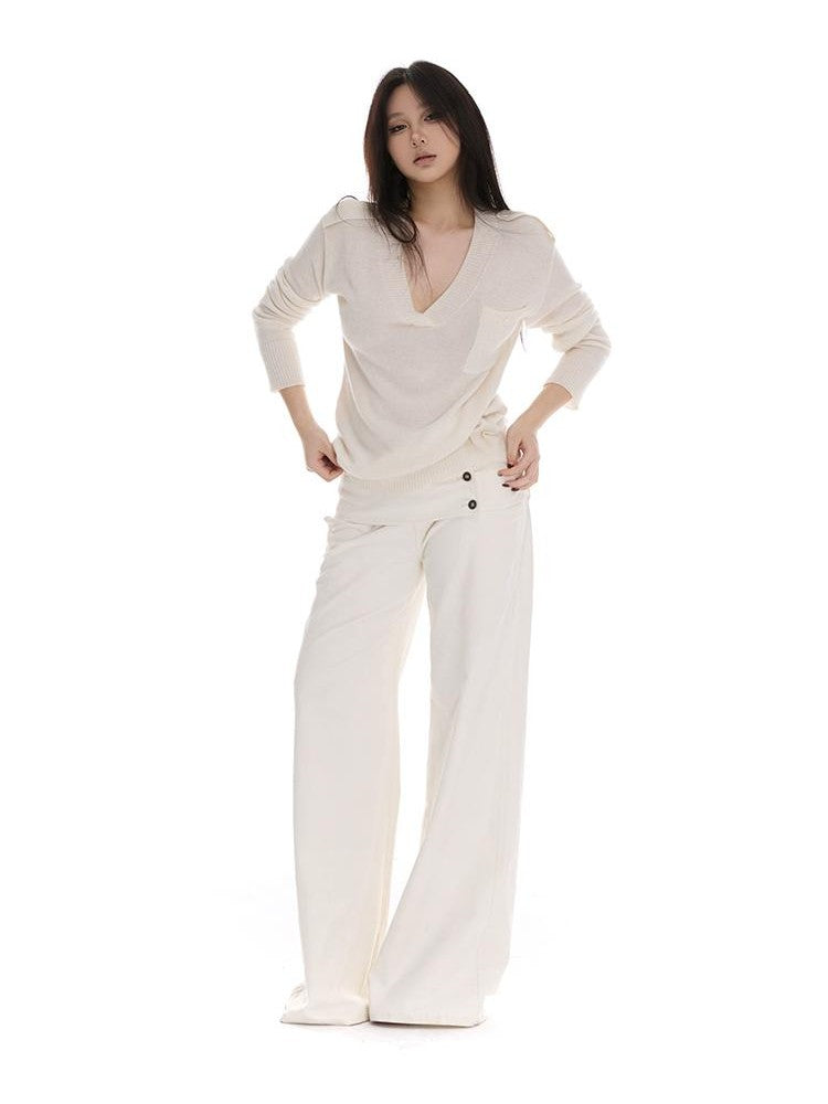 itsdinn Gray Epaulet V-neck Loose Women&
