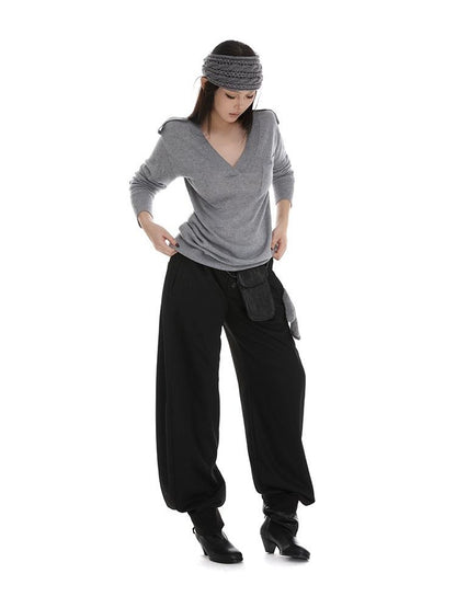 itsdinn Gray Epaulet V-neck Loose Women&