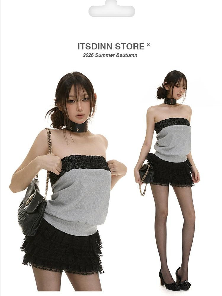 itsdinn Gray Lace Trim Colorblock Ruched One Shoulder Women&
