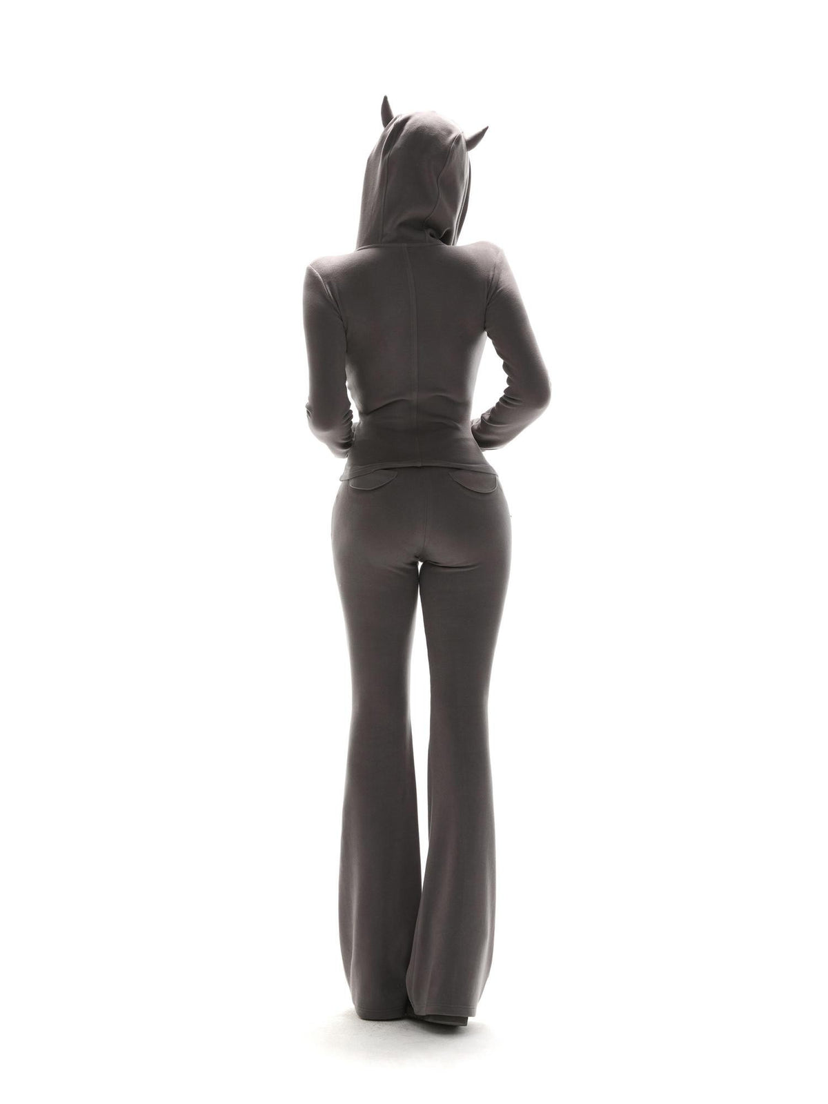 itsdinn Gray Pink Two Tone Devil Horn Hood Zip Slimming Flared Women&