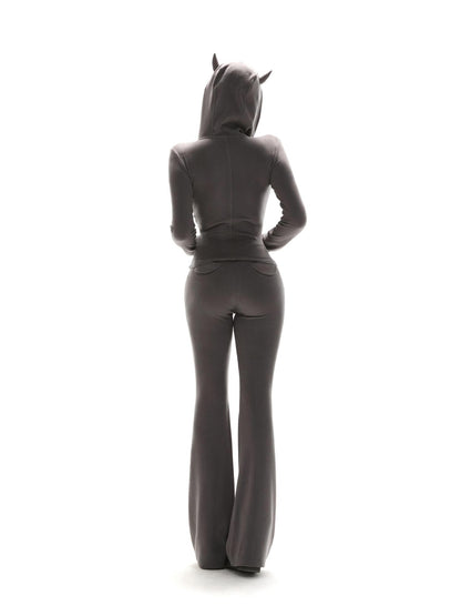 itsdinn Gray Pink Two Tone Devil Horn Hood Zip Slimming Flared Women&