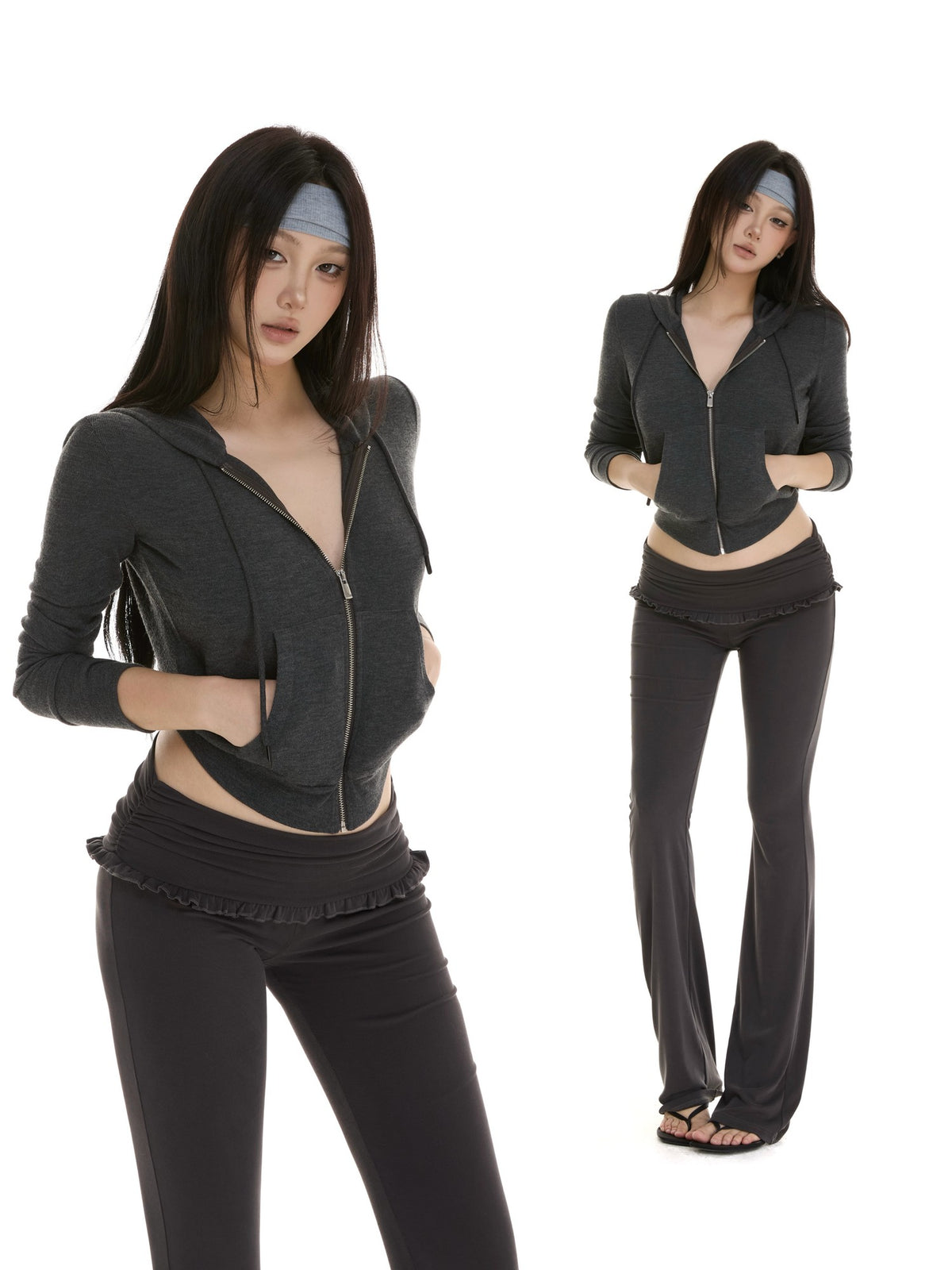 itsdinn Gray Slim Fit Hooded Zipper Knit Street Style Women&