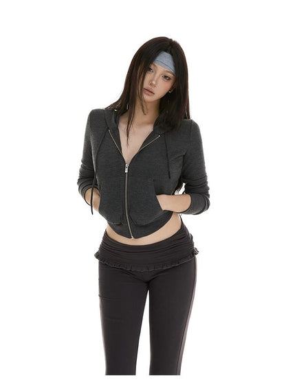 itsdinn Gray Slim Fit Hooded Zipper Knit Street Style Women&