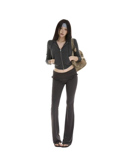 itsdinn Gray Slim Fit Hooded Zipper Knit Street Style Women&