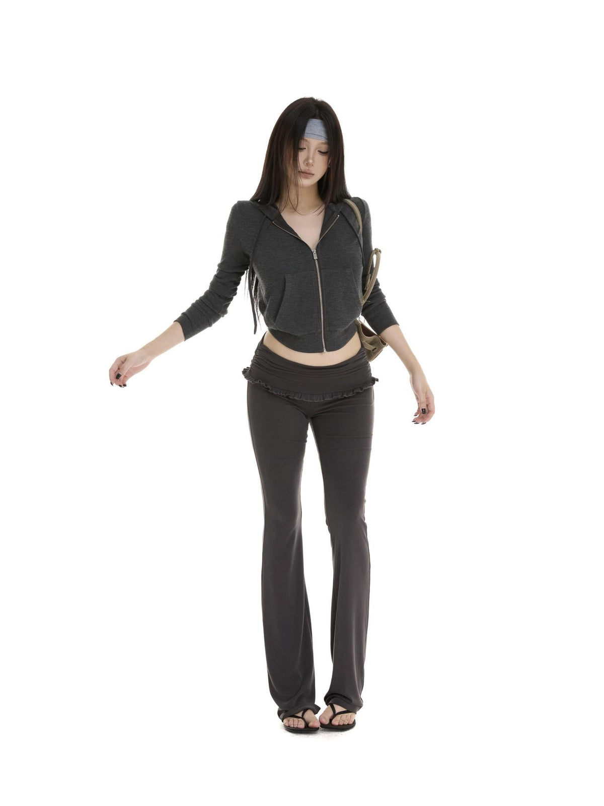 itsdinn Gray Slim Fit Hooded Zipper Knit Street Style Women&