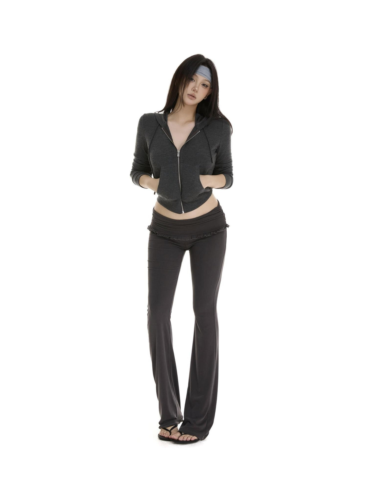 itsdinn Gray Slim Fit Hooded Zipper Knit Street Style Women&