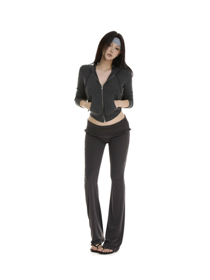 itsdinn Gray Slim Fit Hooded Zipper Knit Street Style Women&