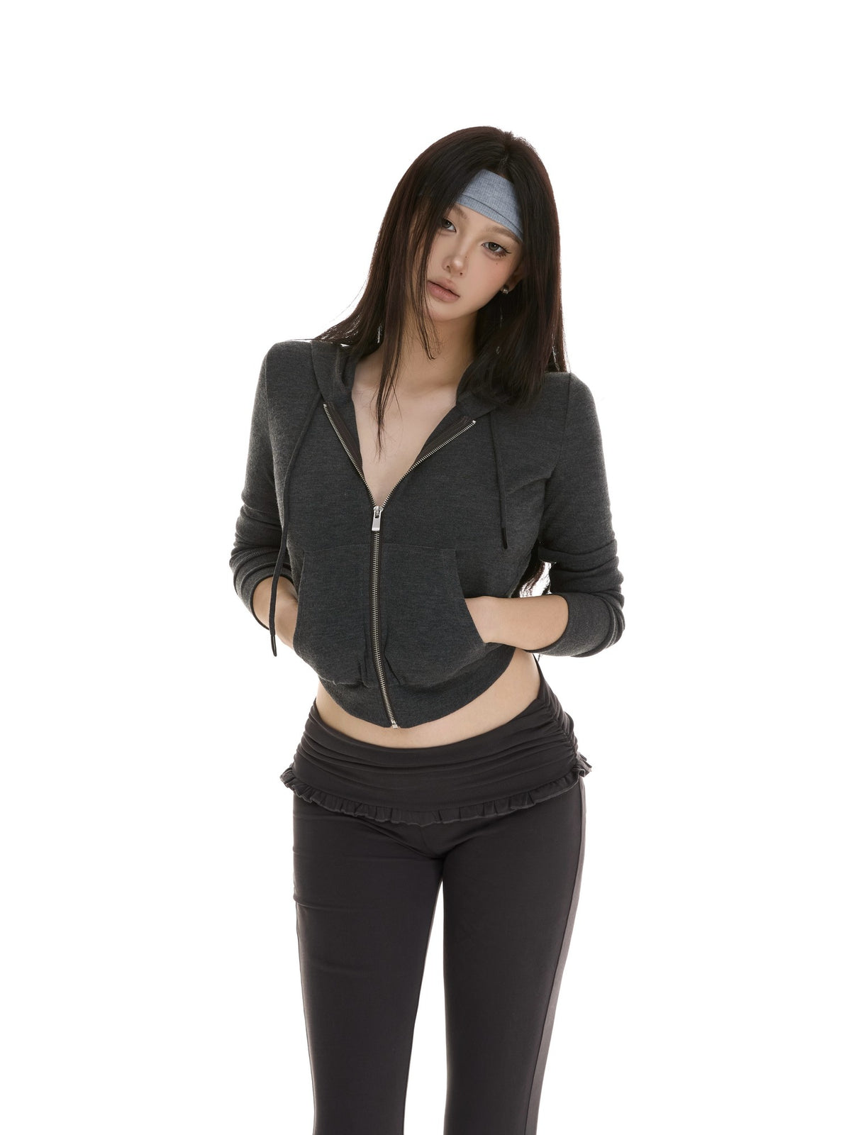 itsdinn Gray Slim Fit Hooded Zipper Knit Street Style Women&