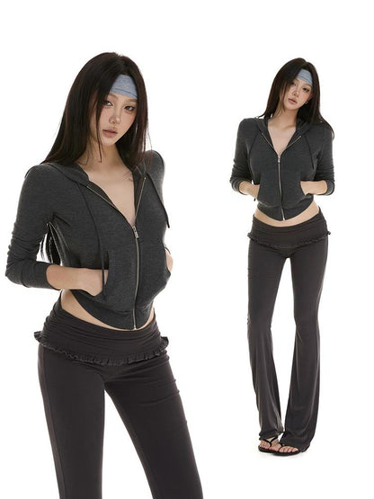 itsdinn Gray Slim Fit Hooded Zipper Knit Street Style Women&