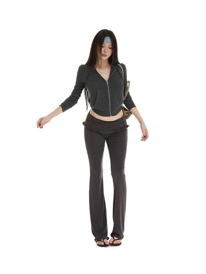 itsdinn Gray Slim Fit Hooded Zipper Knit Street Style Women&