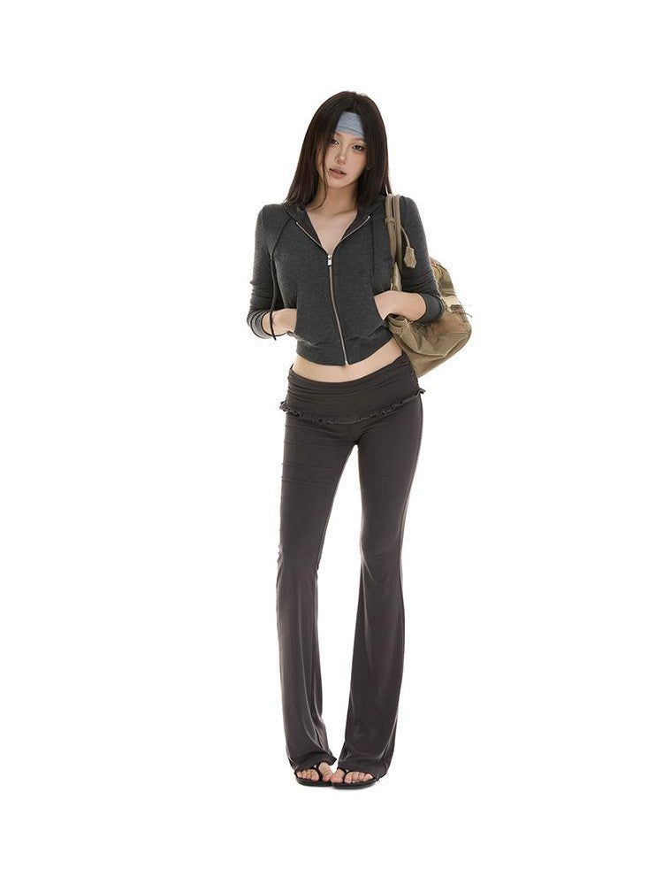 itsdinn Gray Slim Fit Hooded Zipper Knit Street Style Women&