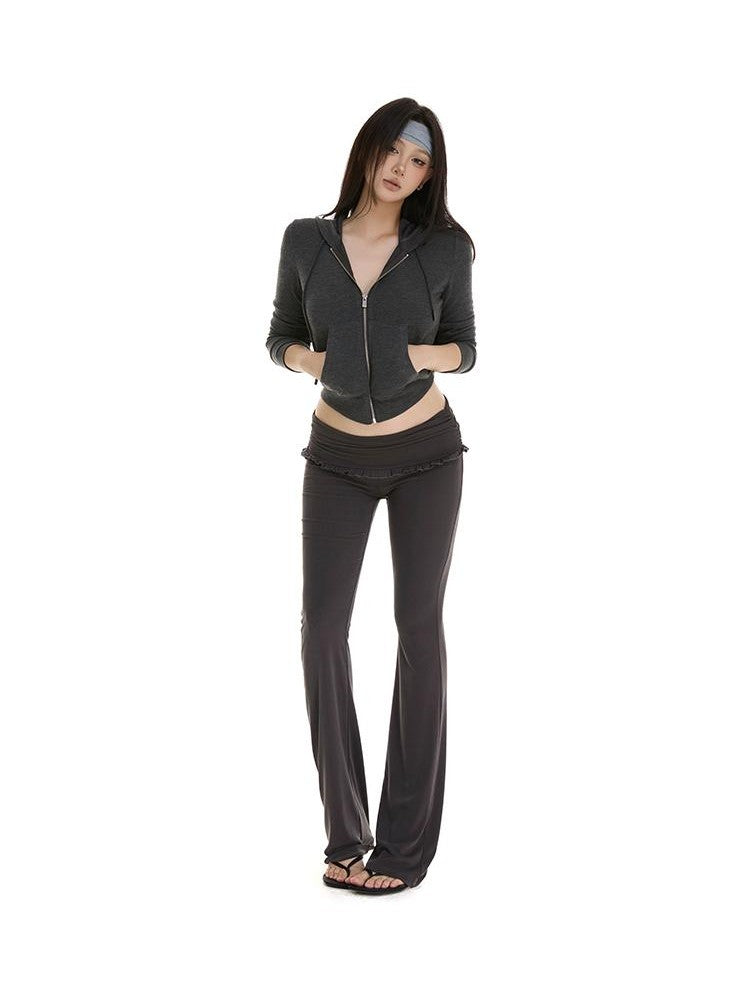 itsdinn Gray Slim Fit Hooded Zipper Knit Street Style Women&