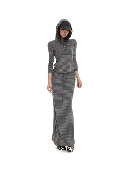 itsdinn Gray White Striped Henley Hooded Long Sleeve Women&