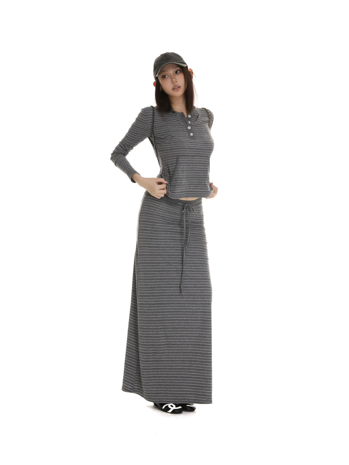 itsdinn Gray White Striped Henley Hooded Long Sleeve Women&