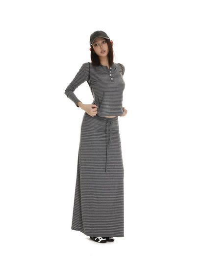 itsdinn Gray White Striped Henley Hooded Long Sleeve Women&