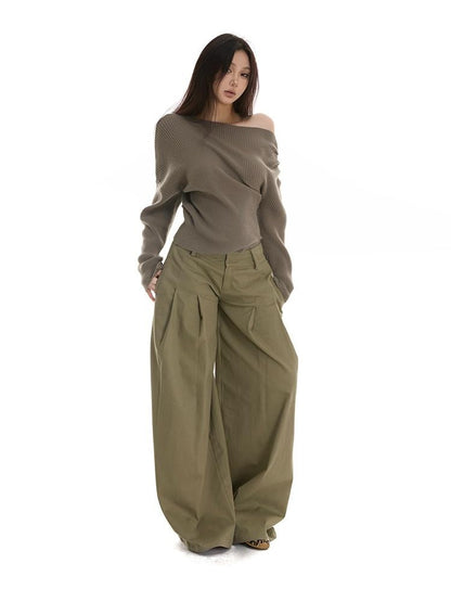 itsdinn Green Minimal Utility Pinch Pleat Low Rise Women&