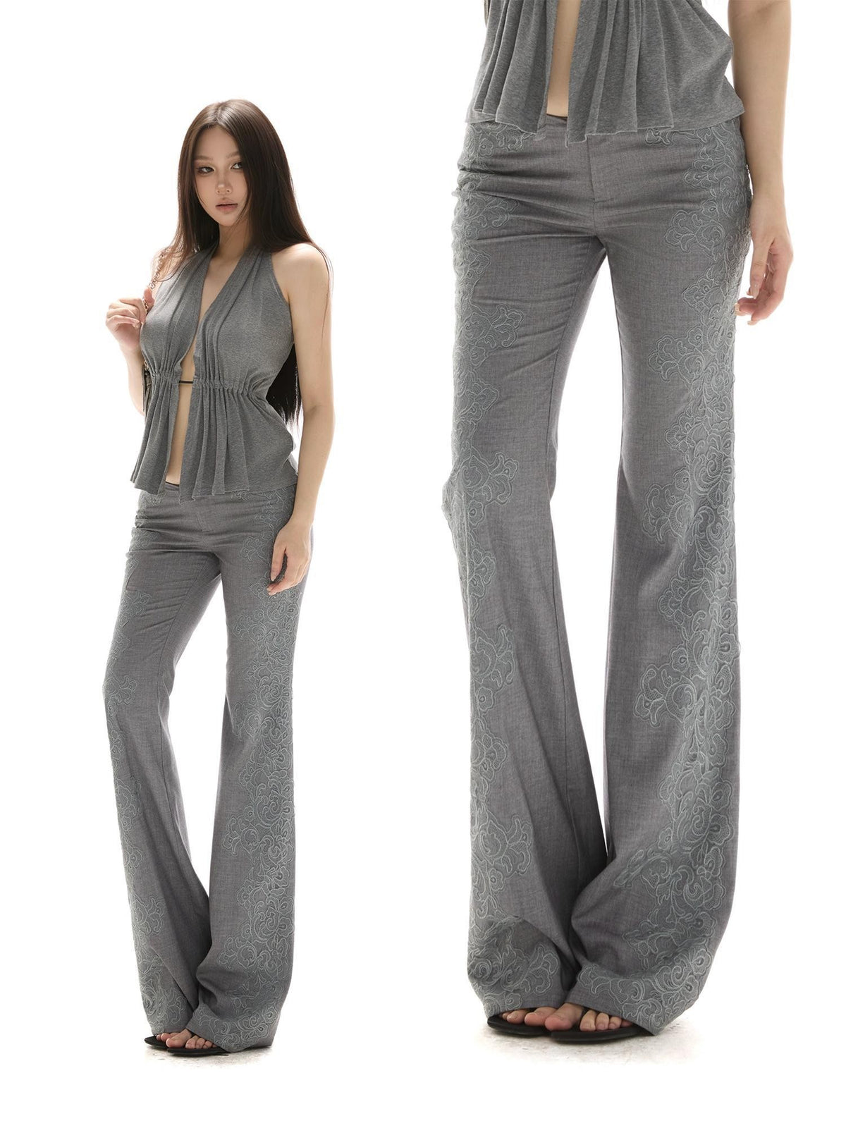 itsdinn Grey Lace Trim Low Waist No Stretch Draped Women&