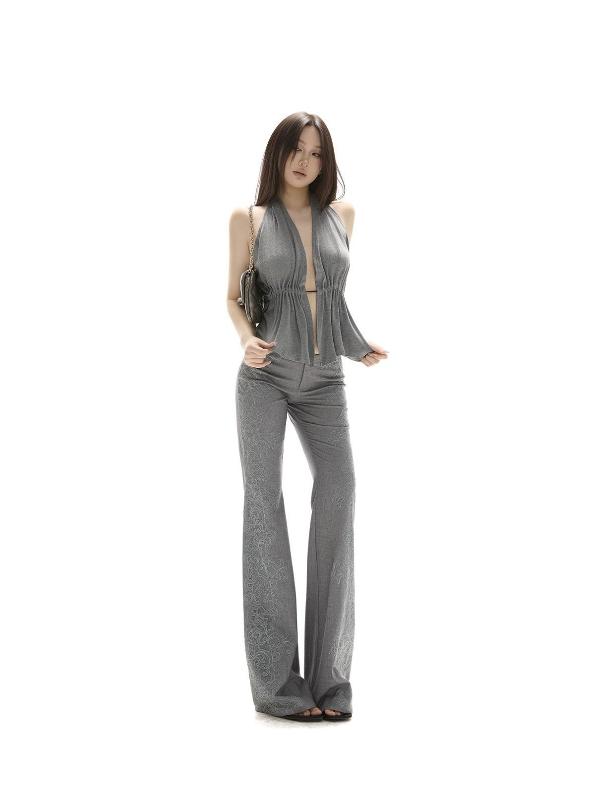 itsdinn Grey Lace Trim Low Waist No Stretch Draped Women&