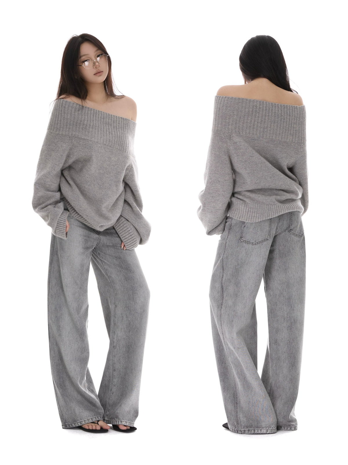 itsdinn Grey Wash Distressed Mid Low Rise Relaxed Women&