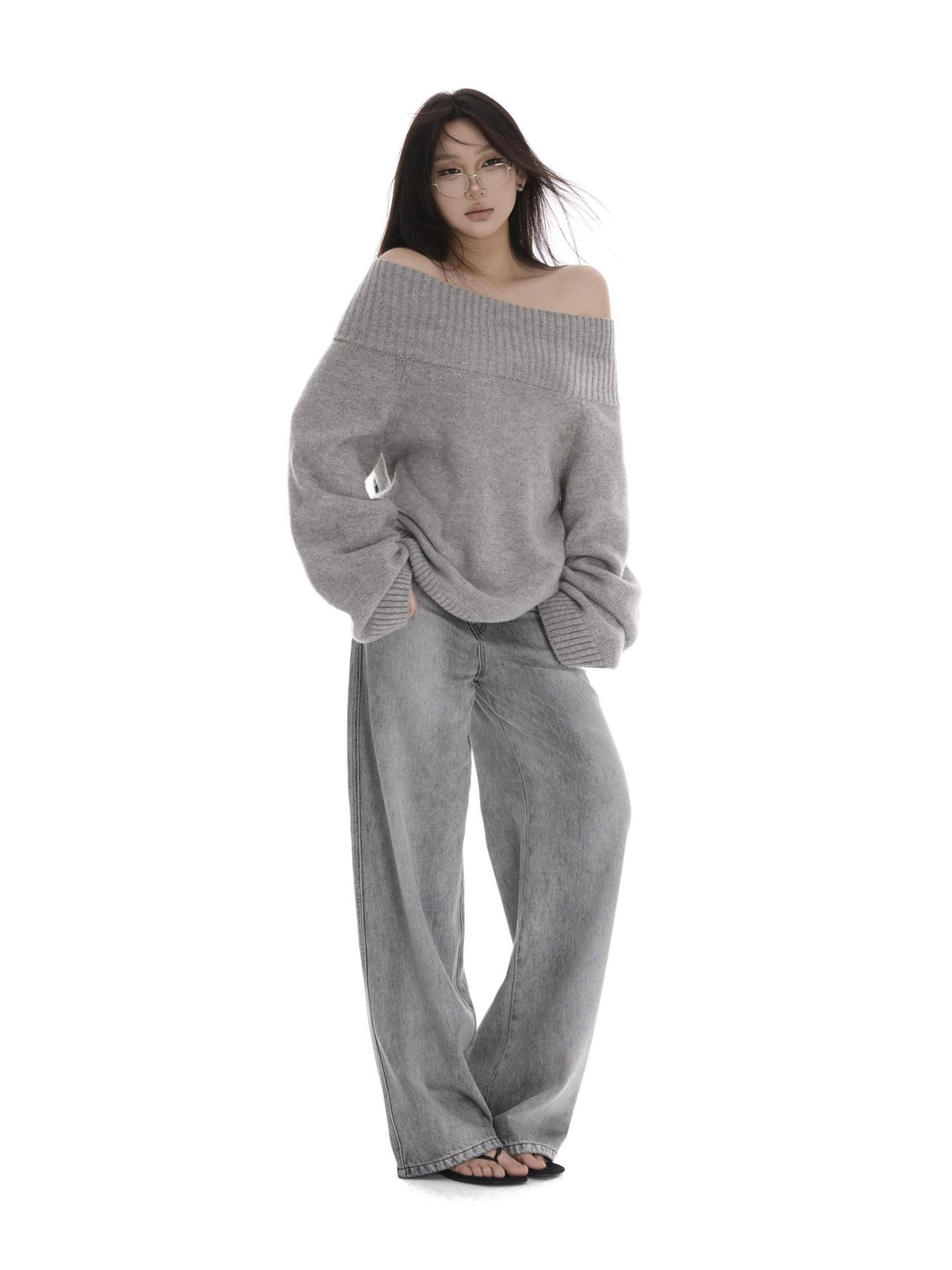 itsdinn Grey Wash Distressed Mid Low Rise Relaxed Women&