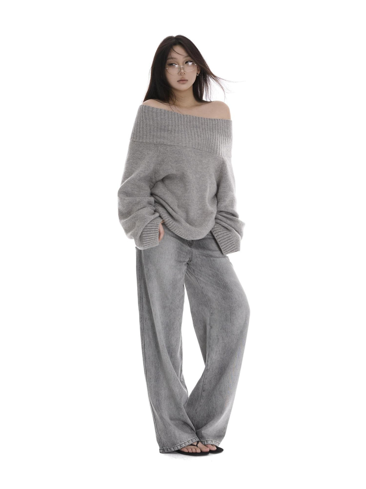 itsdinn Grey Wash Distressed Mid Low Rise Relaxed Women&