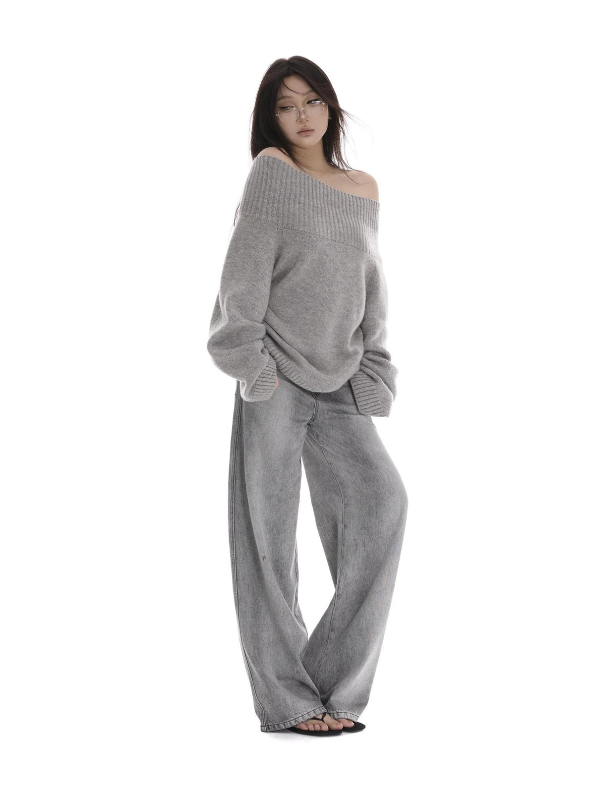 itsdinn Grey Wash Distressed Mid Low Rise Relaxed Women&