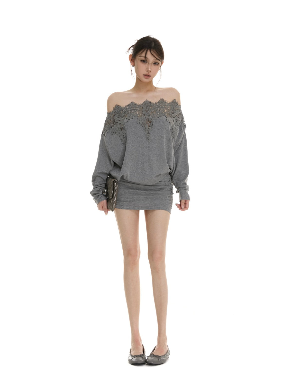 itsdinn Heather Gray Off Shoulder Cutout Lace Trim Women&