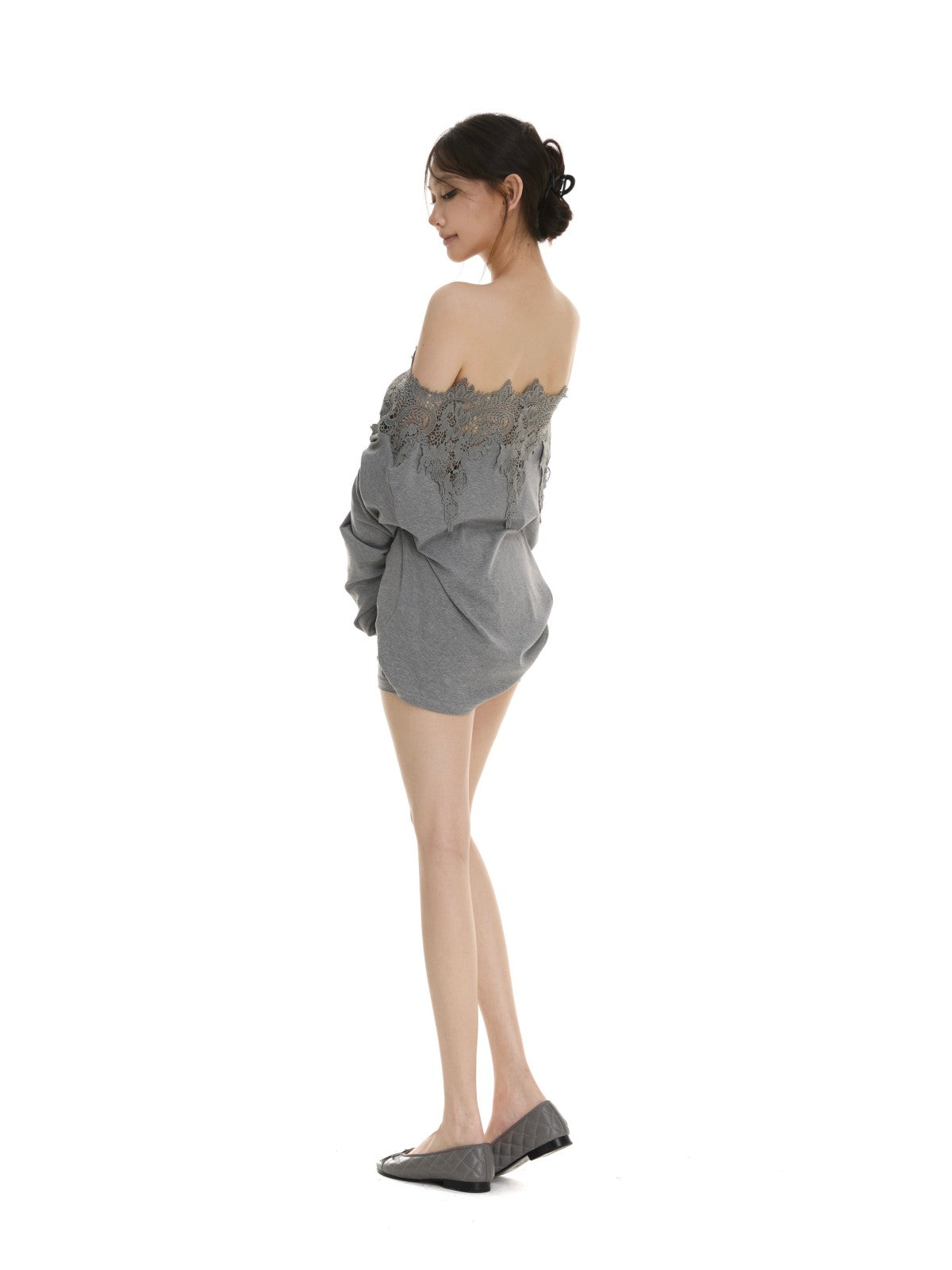 itsdinn Heather Gray Off Shoulder Cutout Lace Trim Women&