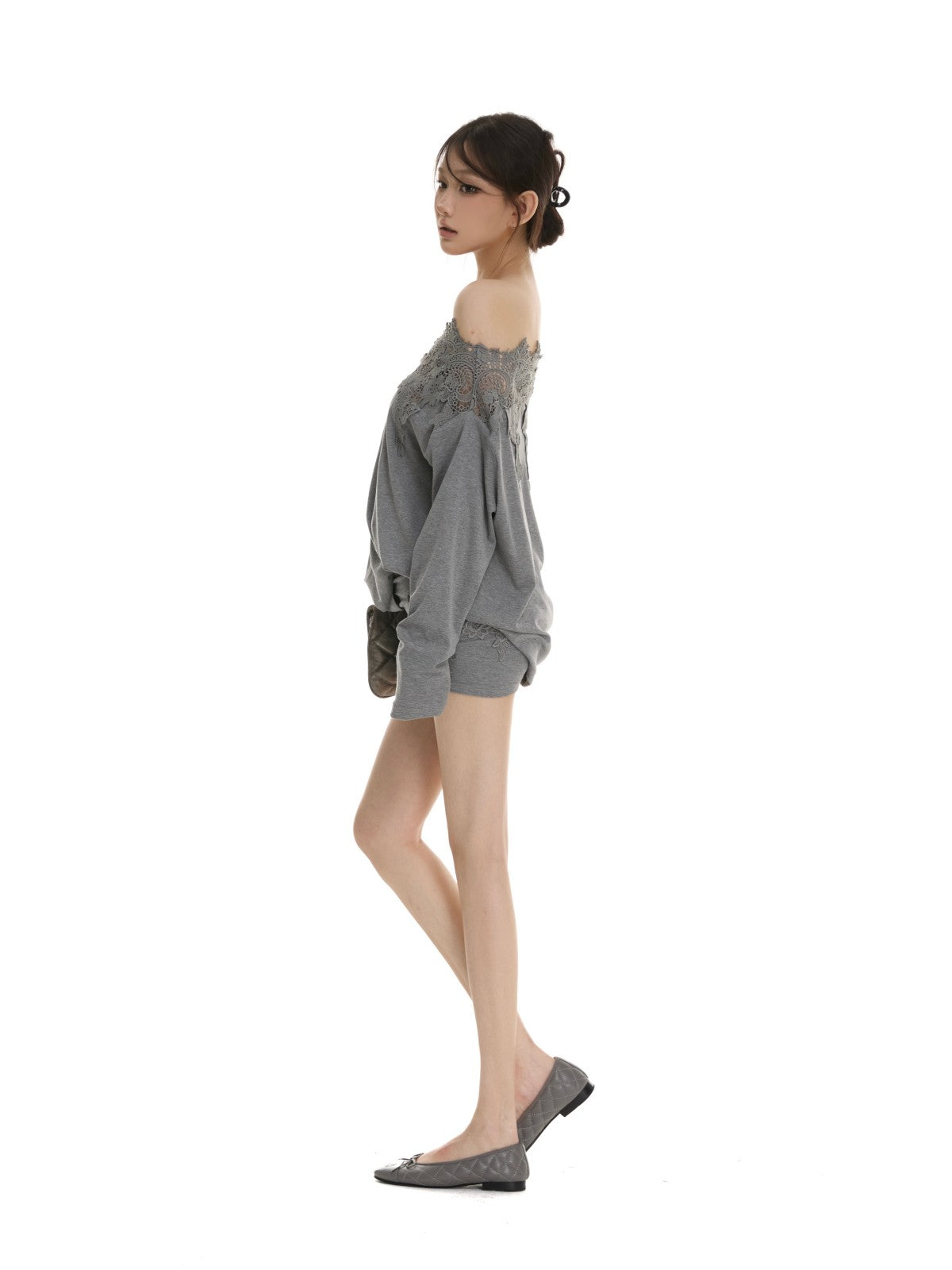 itsdinn Heather Gray Off Shoulder Cutout Lace Trim Women&