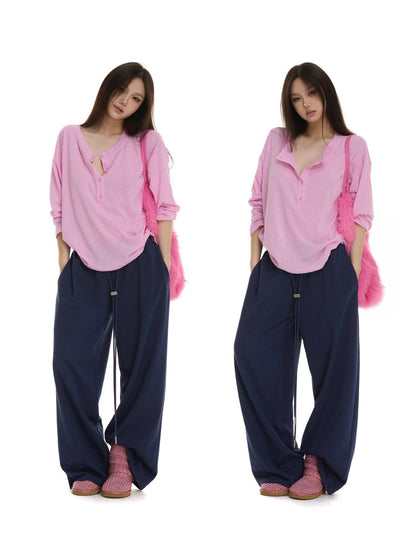 itsdinn Henley Collar Drop Shoulder Button Placket Women&