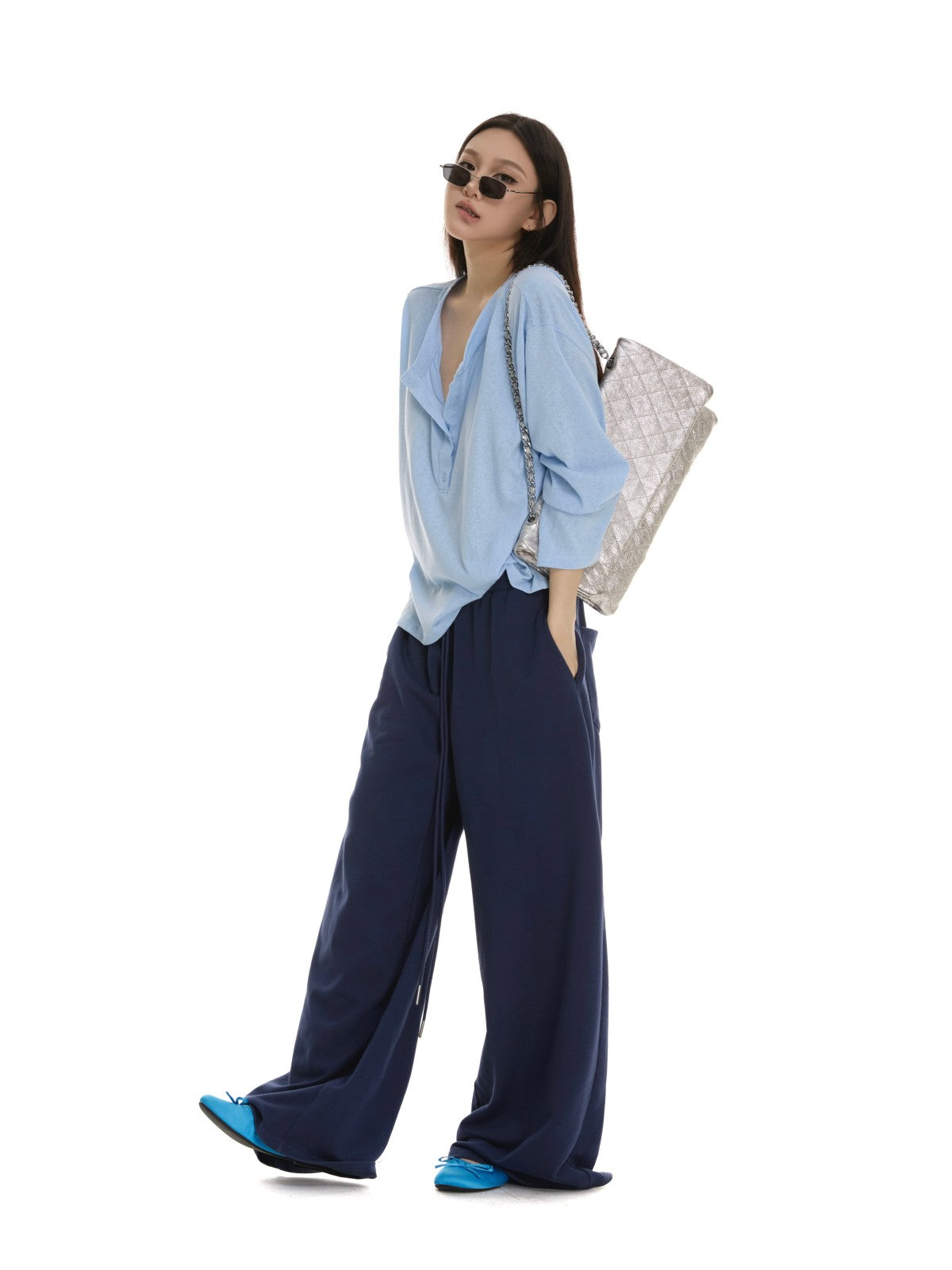 itsdinn Henley Collar Drop Shoulder Button Placket Women&