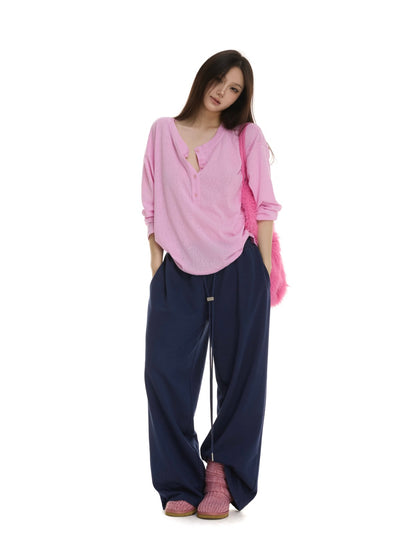 itsdinn Henley Collar Drop Shoulder Button Placket Women&