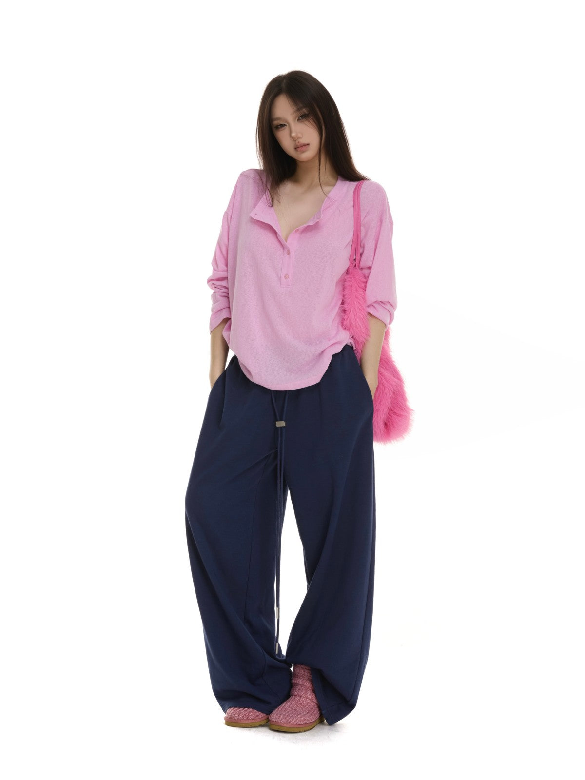 itsdinn Henley Collar Drop Shoulder Button Placket Women&