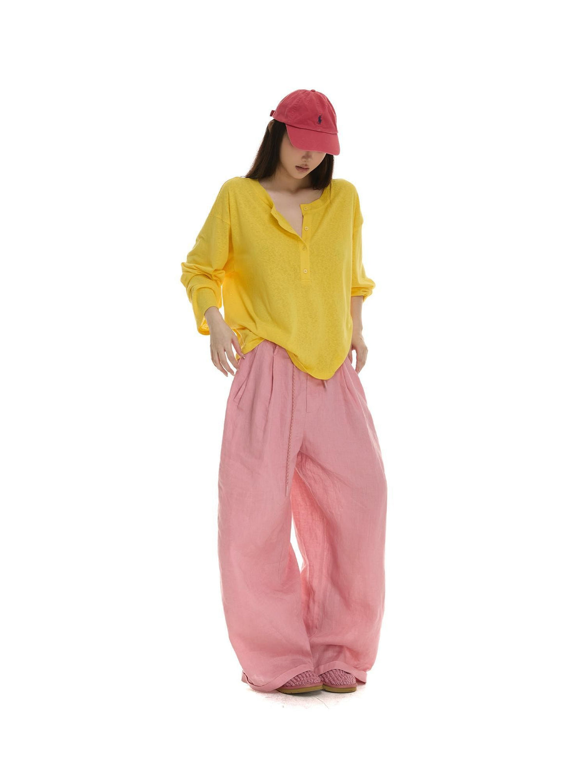 itsdinn Henley Collar Drop Shoulder Button Placket Women&