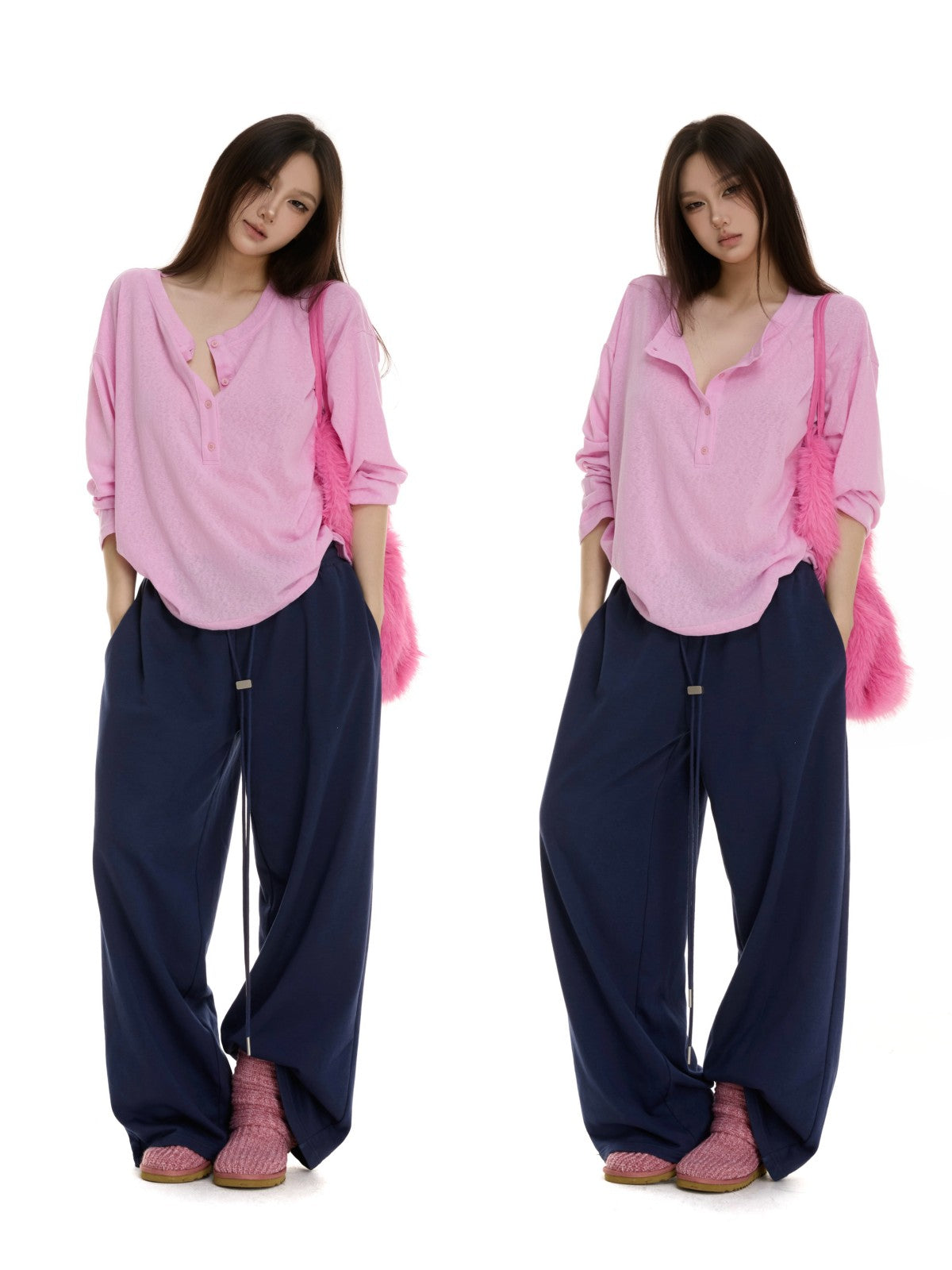 itsdinn Henley Collar Drop Shoulder Button Placket Women&