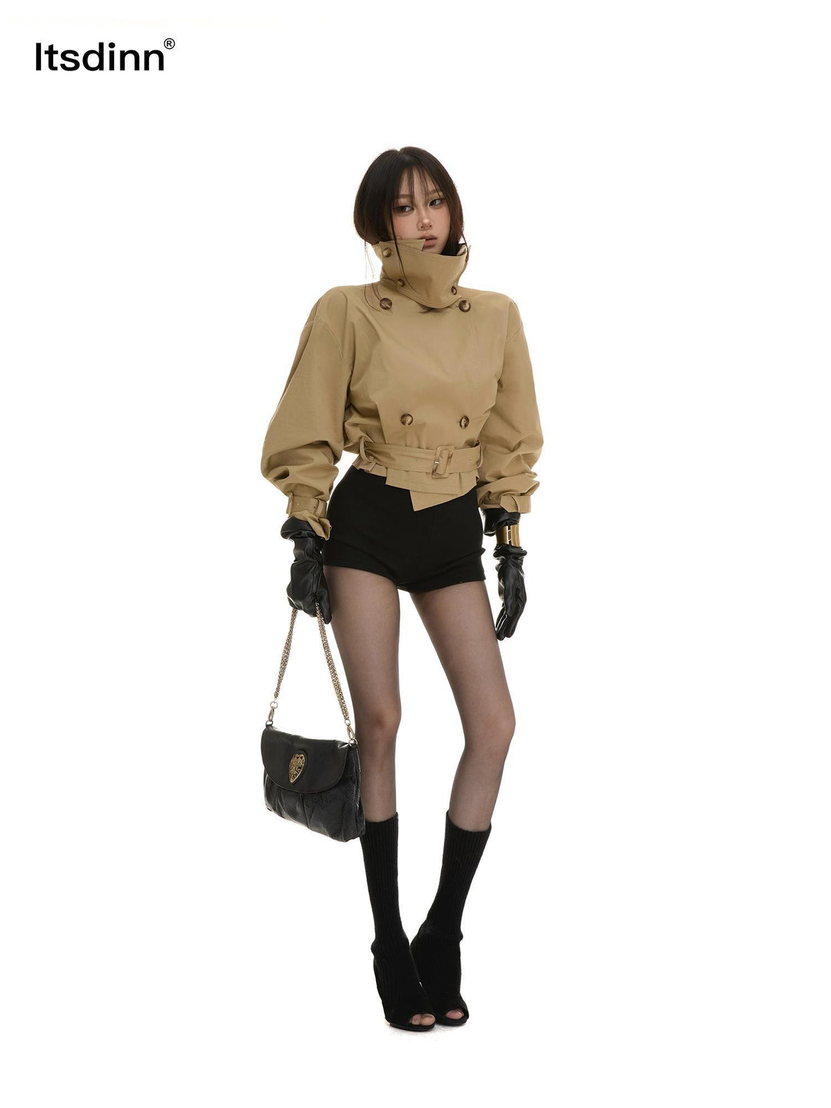 itsdinn Khaki Cropped Cinched Waist Lantern Sleeve Women&