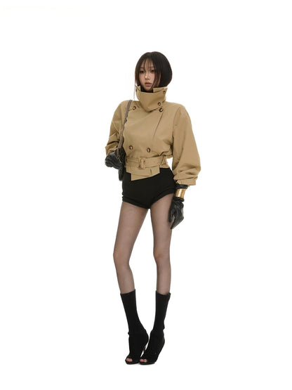 itsdinn Khaki Cropped Cinched Waist Lantern Sleeve Women&