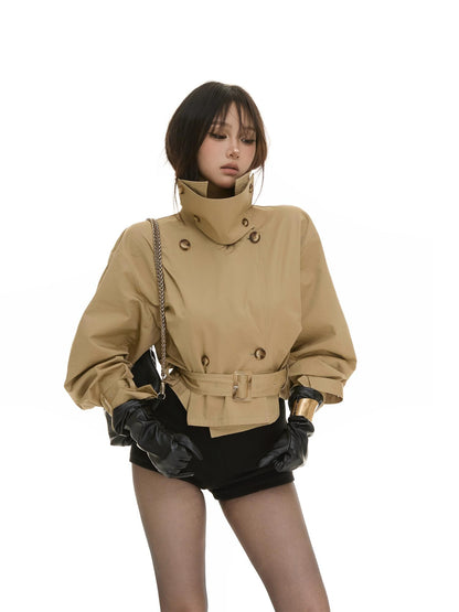 itsdinn Khaki Cropped Cinched Waist Lantern Sleeve Women&