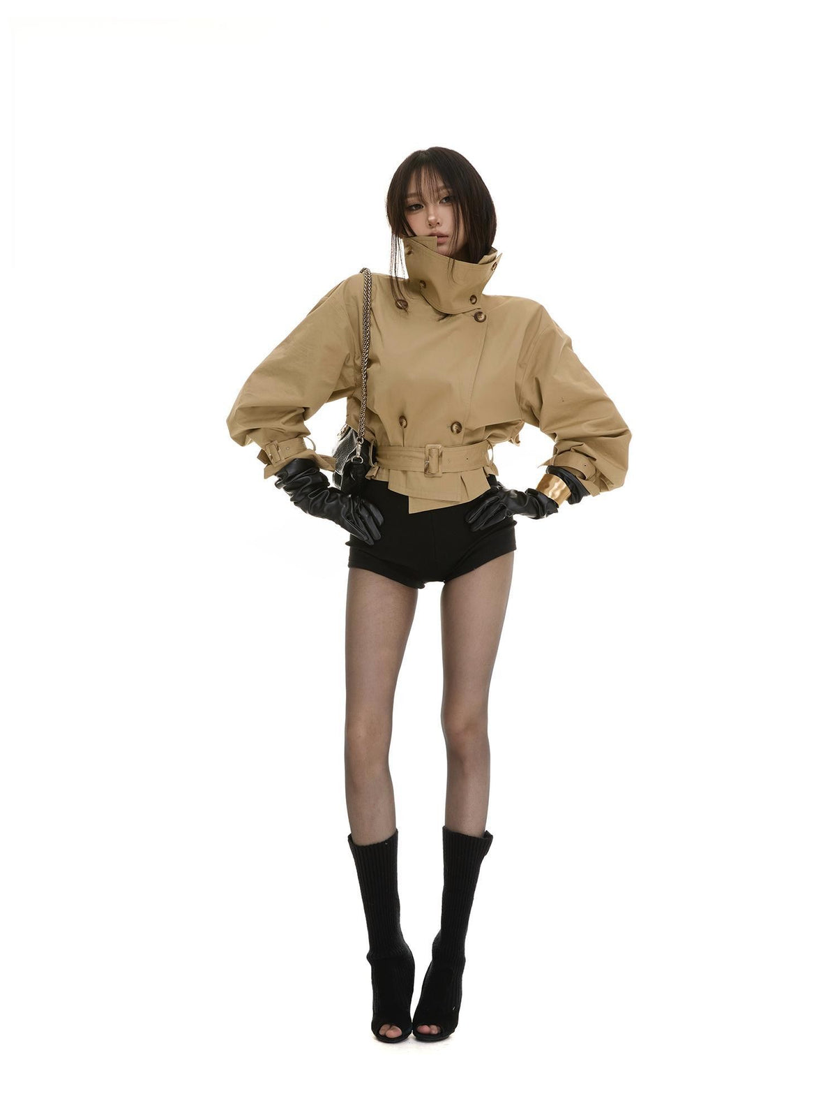 itsdinn Khaki Cropped Cinched Waist Lantern Sleeve Women&