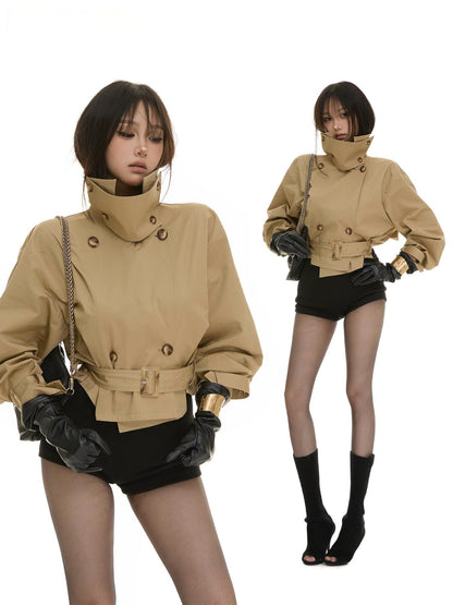 itsdinn Khaki Cropped Cinched Waist Lantern Sleeve Women&