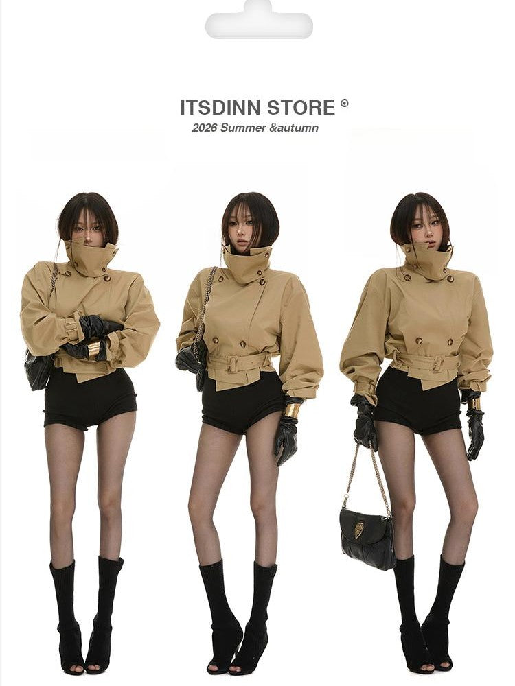 itsdinn Khaki Cropped Cinched Waist Lantern Sleeve Women&