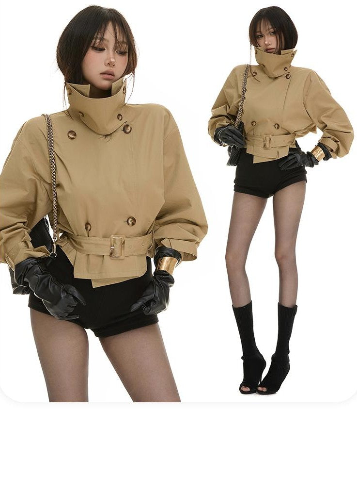 itsdinn Khaki Cropped Cinched Waist Lantern Sleeve Women&