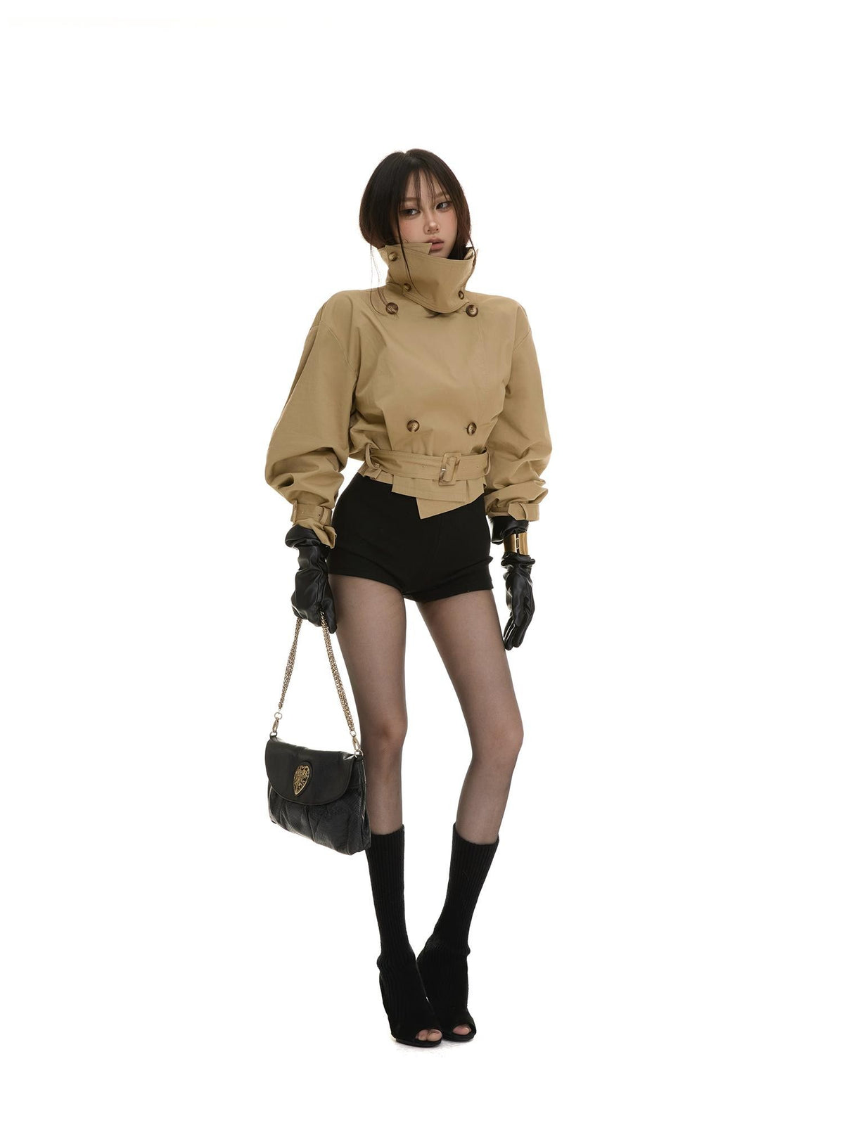 itsdinn Khaki Cropped Cinched Waist Lantern Sleeve Women&