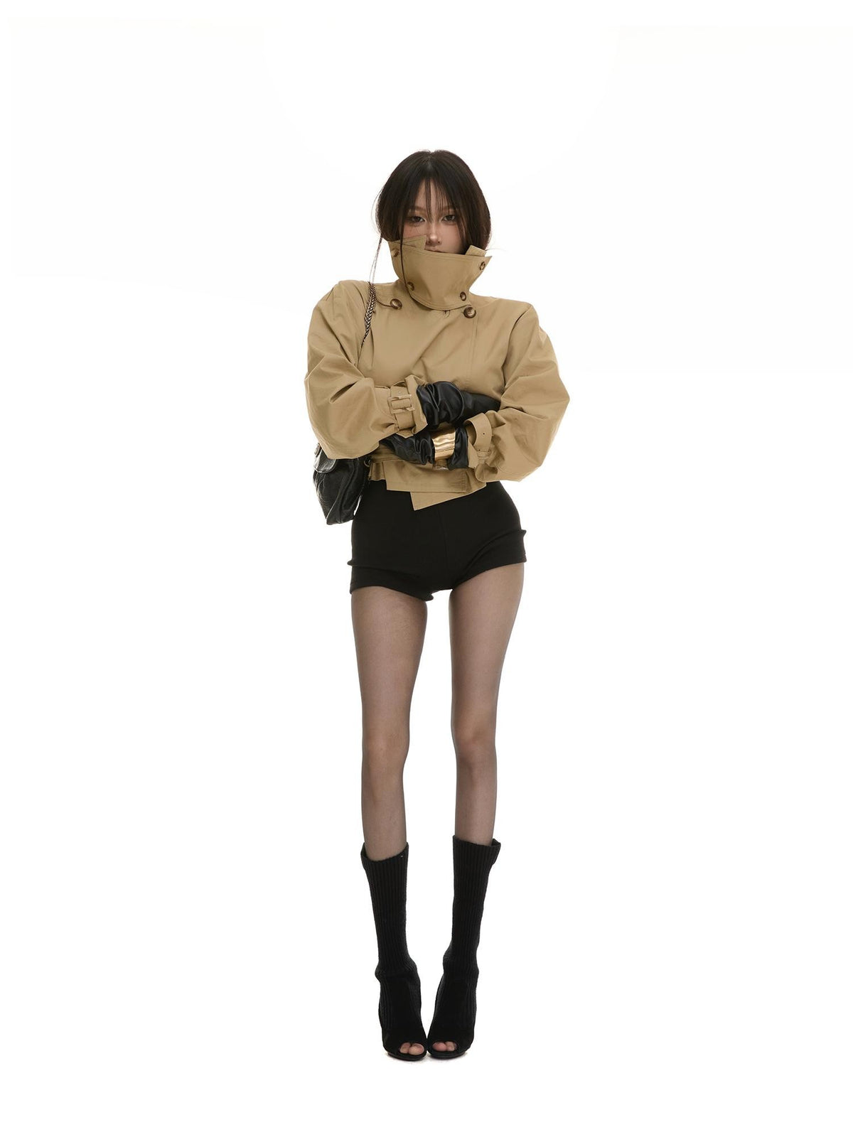 itsdinn Khaki Cropped Cinched Waist Lantern Sleeve Women&
