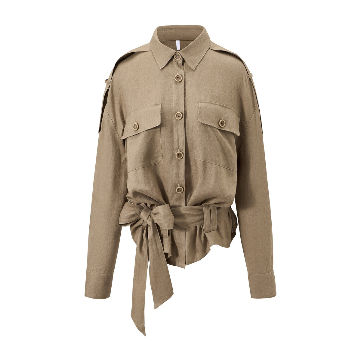 itsdinn_Khaki_Epaulet_Tie_Turn_Down_Collar_Long_Sleeve_Loose_Women&
