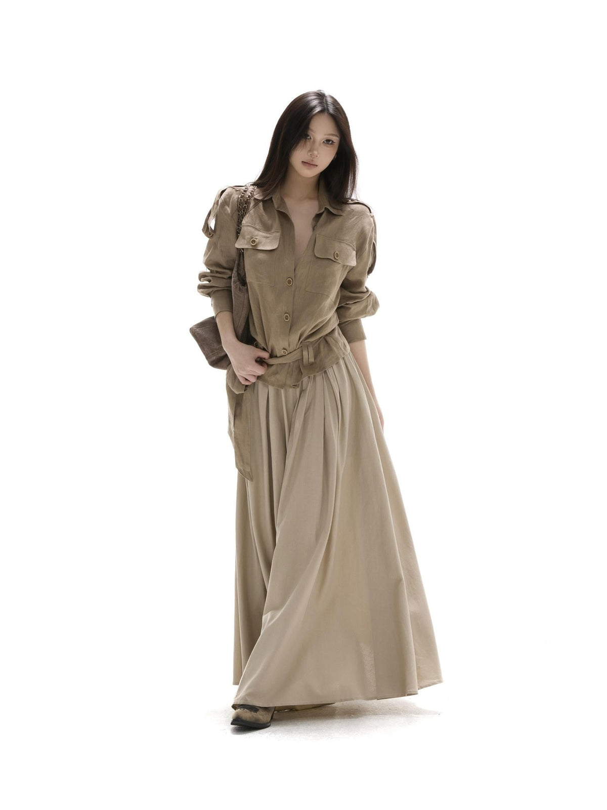 itsdinn Khaki Pleated Full Flare Elastic Waist Women&