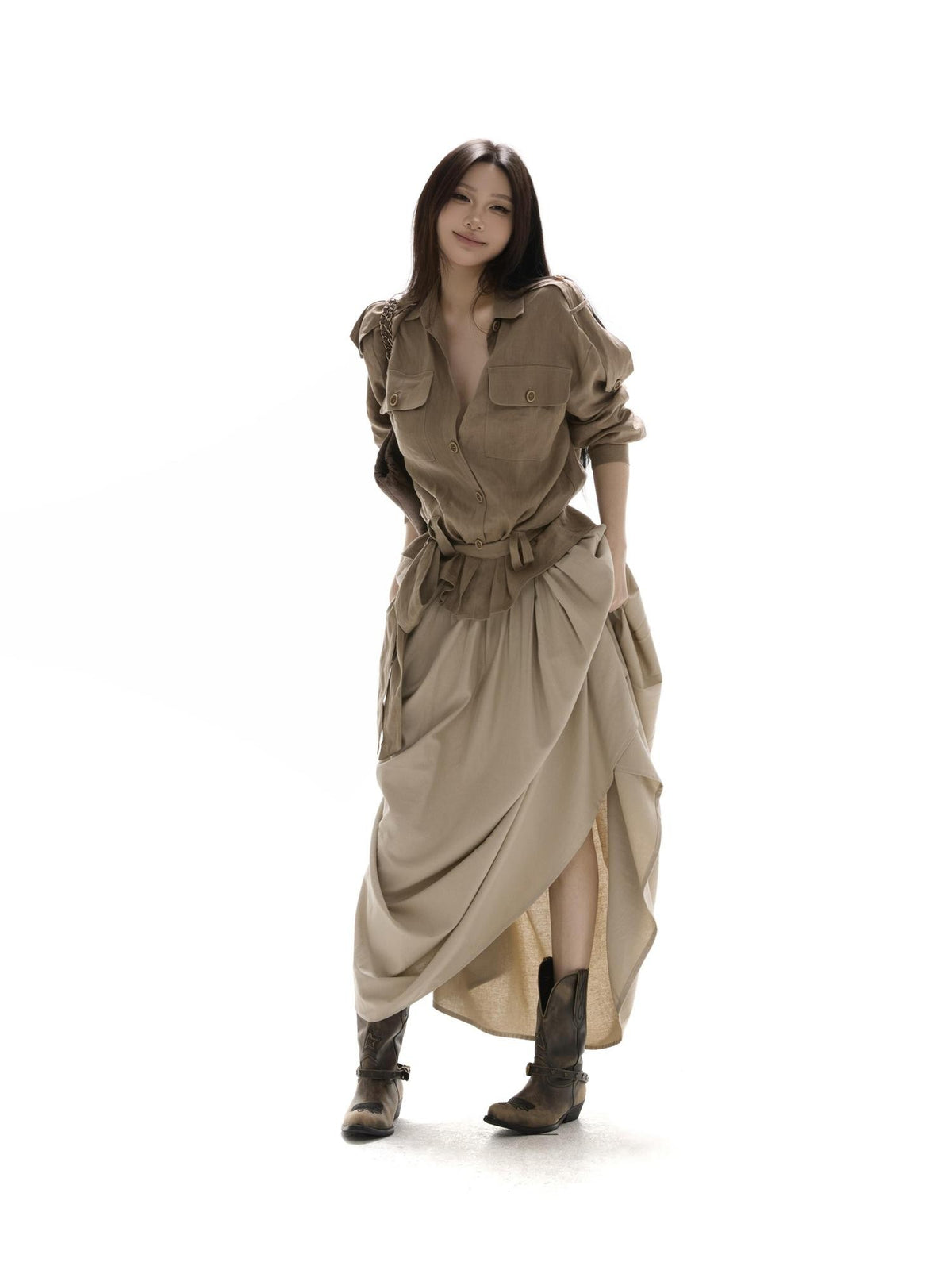 itsdinn Khaki Pleated Full Flare Elastic Waist Women&