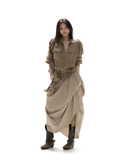 itsdinn Khaki Pleated Full Flare Elastic Waist Women&