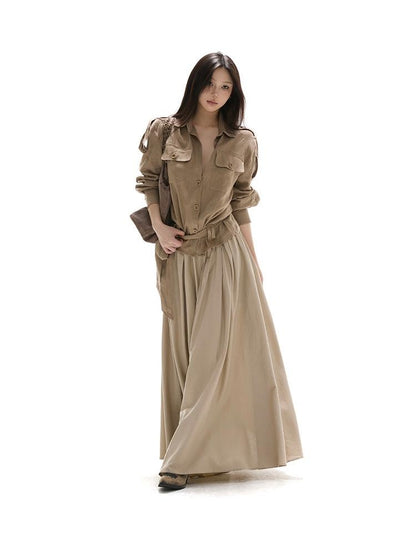 itsdinn Khaki Pleated Full Flare Elastic Waist Women&