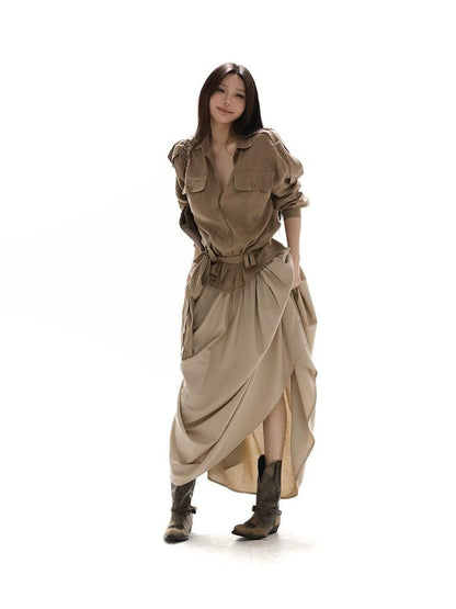 itsdinn Khaki Pleated Full Flare Elastic Waist Women&